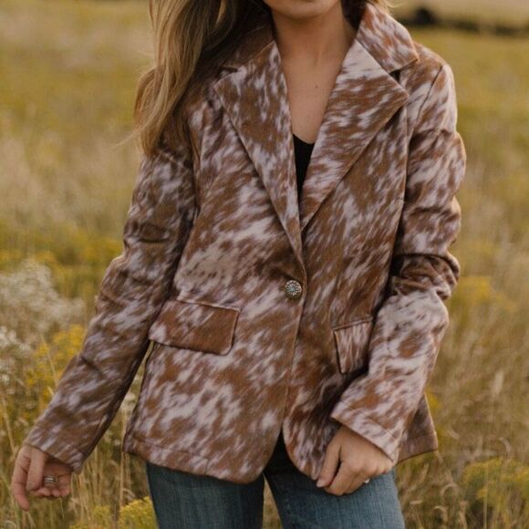 Rustic Chic: Cow Print Blazer - Western Faux Hide Casual Jacket New - Picture 2 of 10